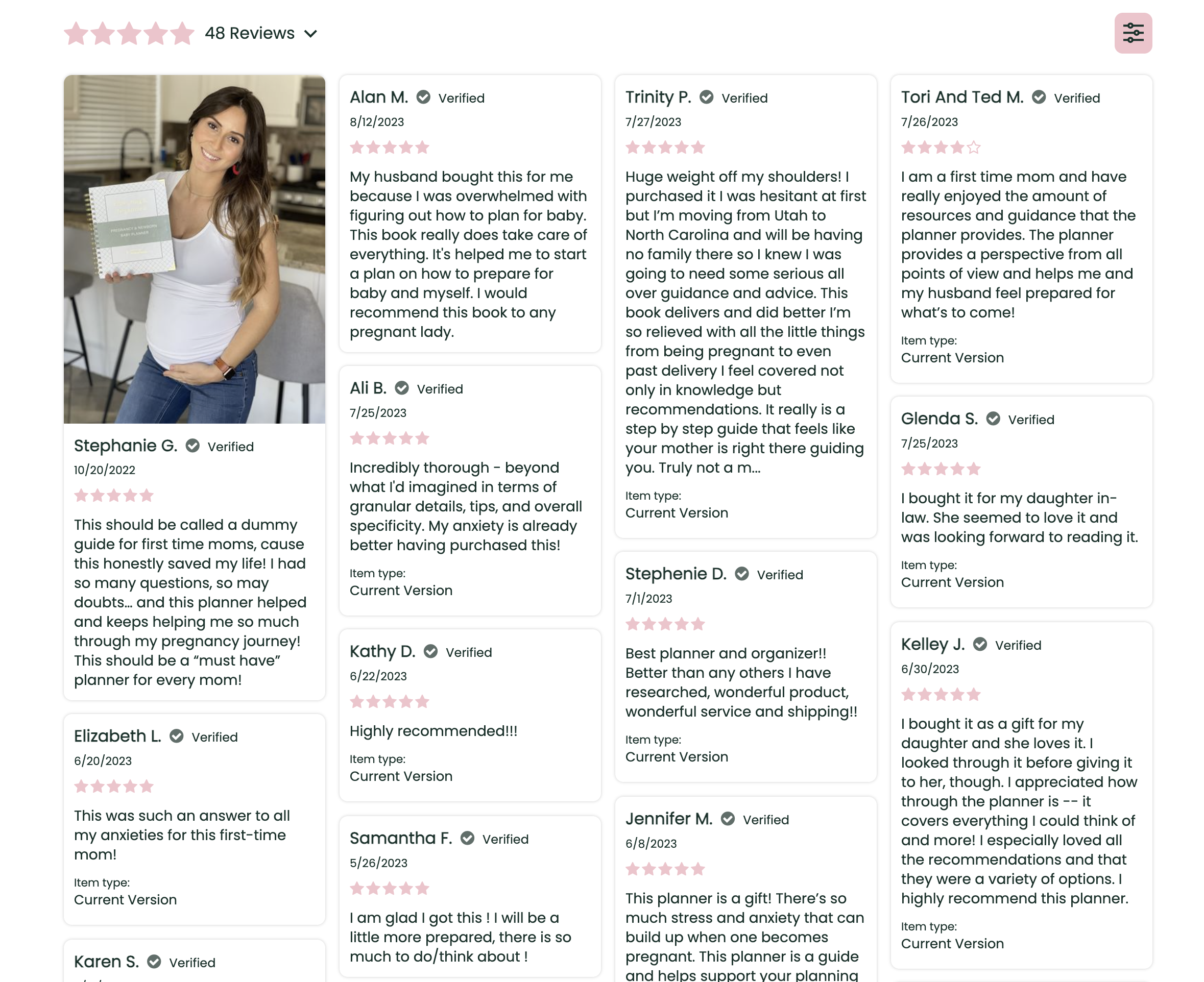 A screenshot of reviews with a photo in the upper left-hand corner of a woman with long brown hair and a pregnant belly holding the Expecting & Organized Pregnancy and Newborn Baby Planner by Undefining Motherhood. The image shows 12 reviews, all 5 stars with one 4 star. 