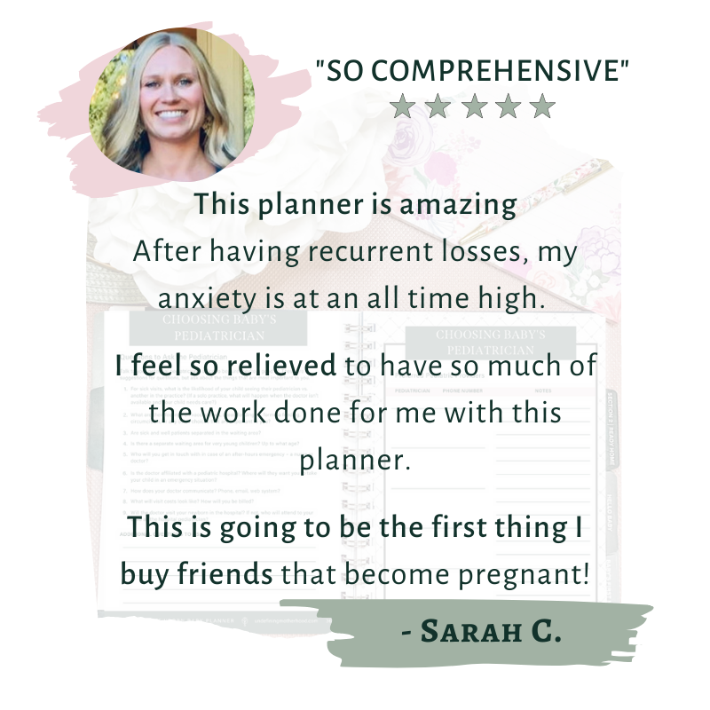 Sarah gives this pregnancy and baby planner 5 stars and says it's so comprehensive. She says it was a faith purchased after recurrent miscarriage and it makes her feel so relieved and organized. She also says it's the first gift she will buy every friend having a baby. 