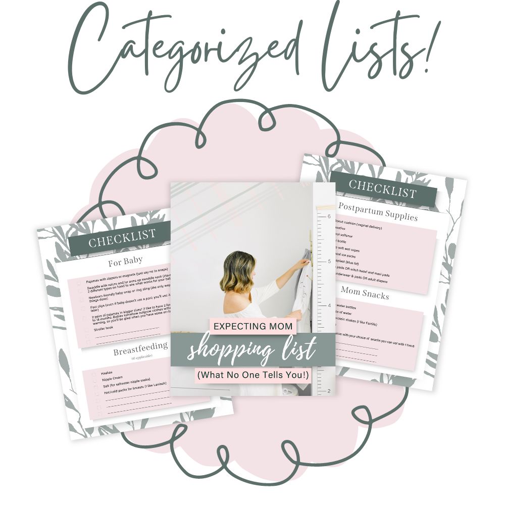 Green cursive text that says categorized lists with a pink and green cloud behind a product mockup that shows this downloadable shopping list