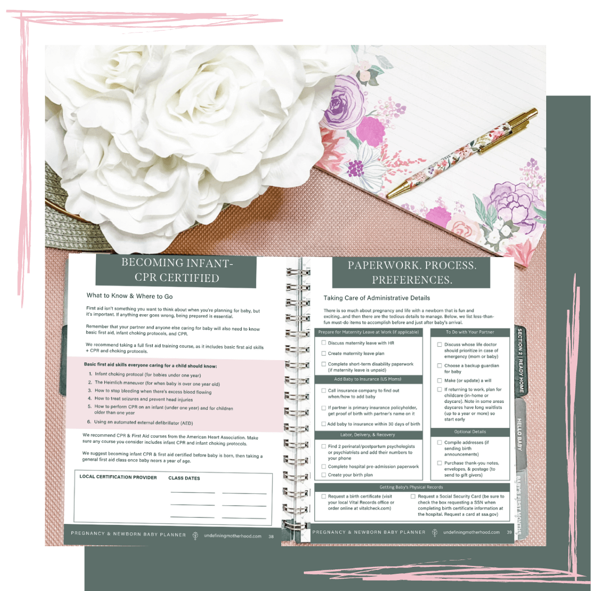 Photo of pregnancy and baby planner showing pages about becoming infant CPR certified and doing the paperwork necessary for maternity leave