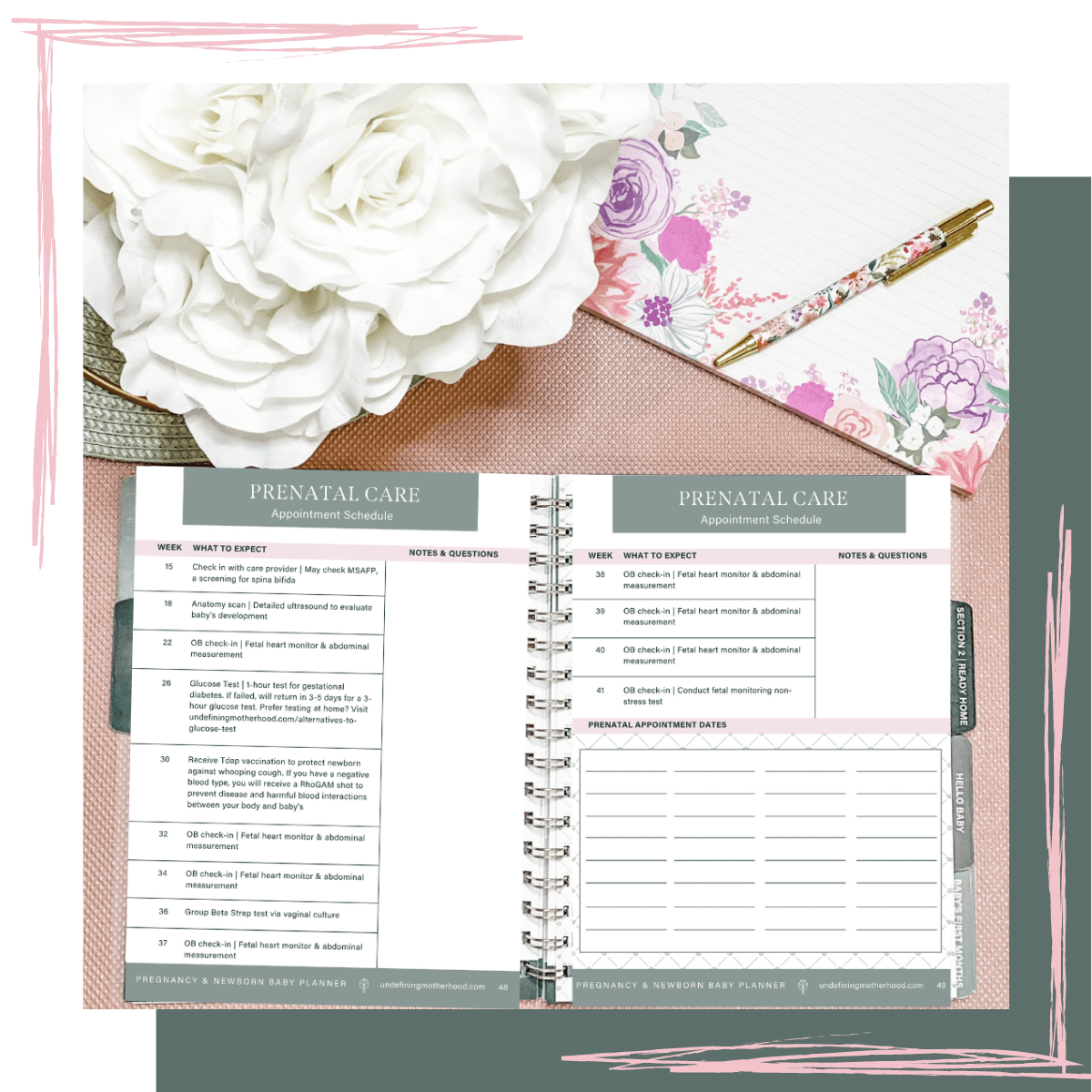 Photo of pregnancy and baby planner open to pages about what to expect at prenatal care appointments