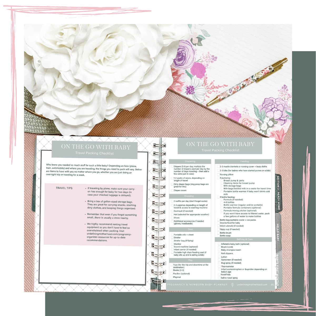 Photo of pregnancy and new baby planner open to pages that talk about traveling with baby and provide a packing checklist and a diaper bag checklist