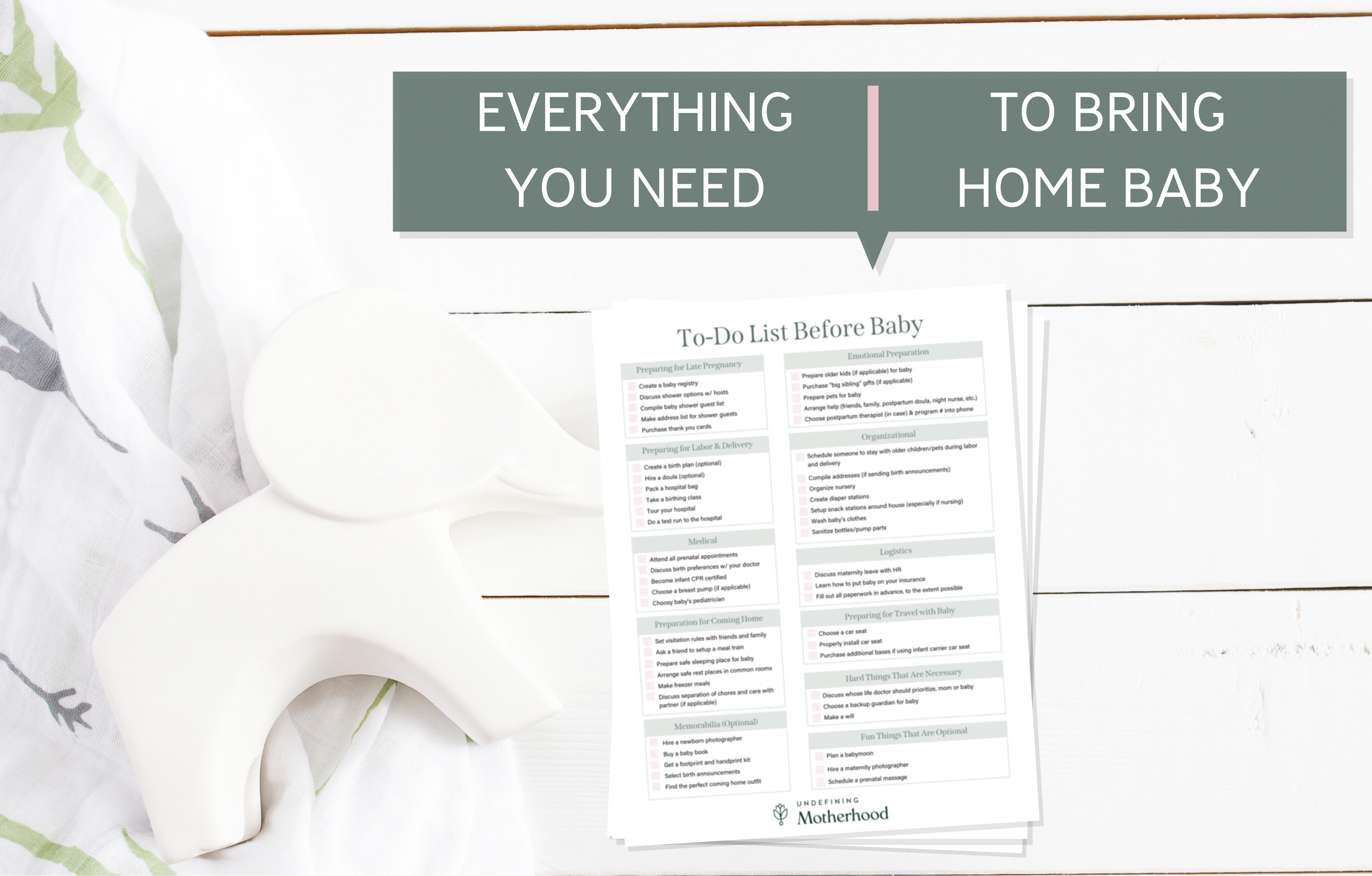 Flatlay photo with swaddle blanket and white elephant with a new baby to do list on shiplap background