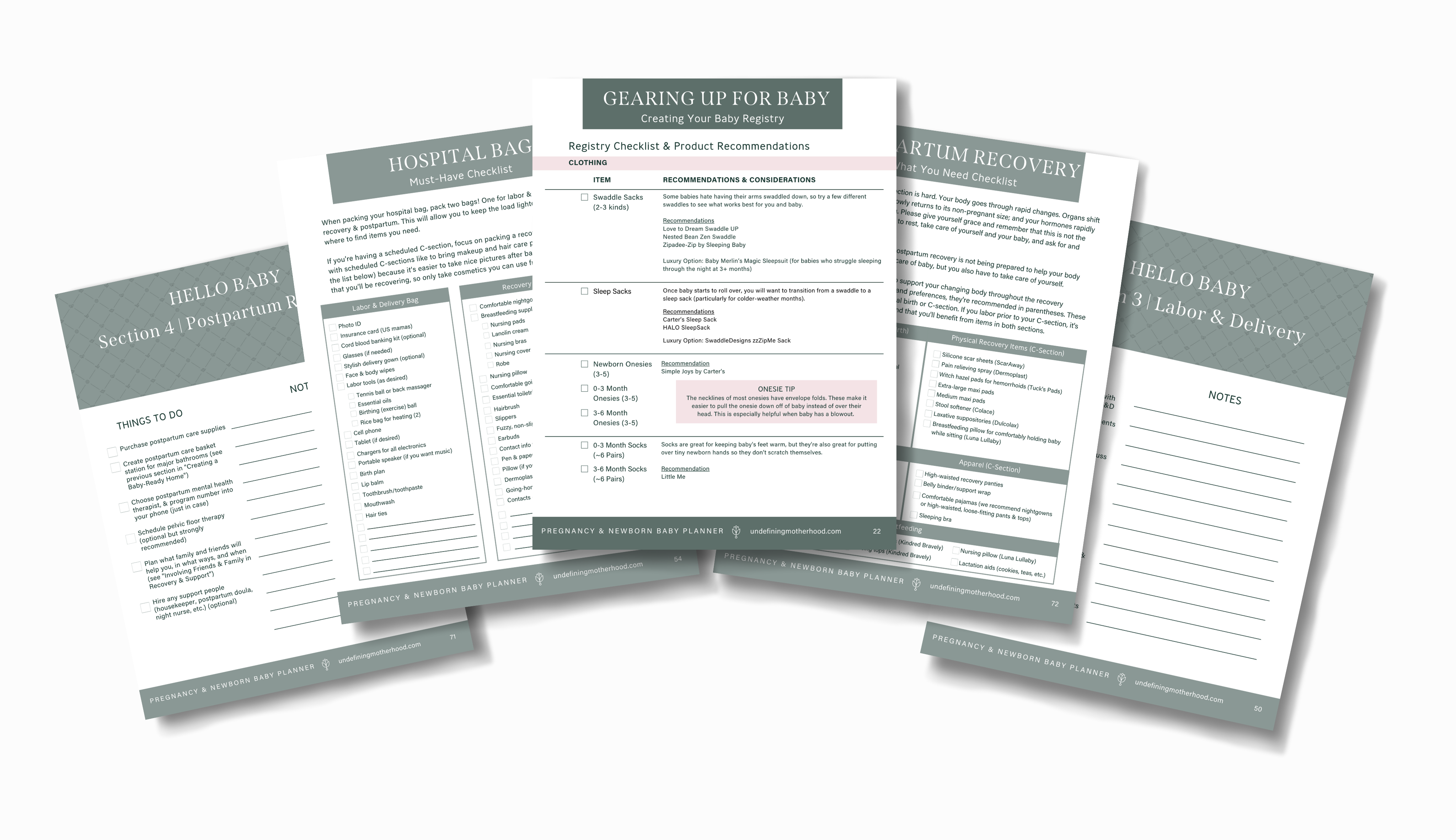  sheets of paper spread out in a fan pattern showing different types of checklists in the pregnancy and  new baby planner
