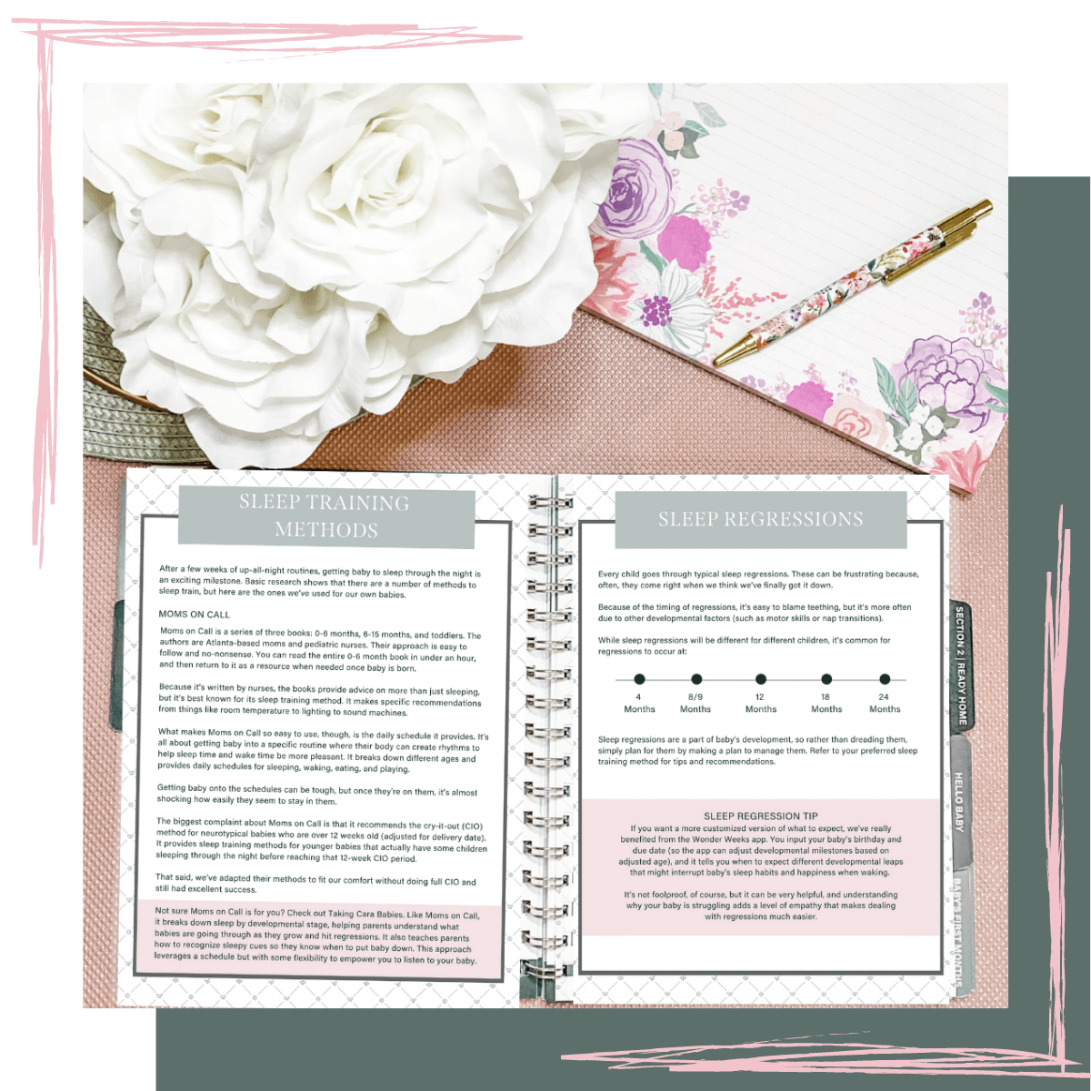 Photo of pregnancy and baby planner open to pages that talks about infant sleep and common sleep regression timelines
