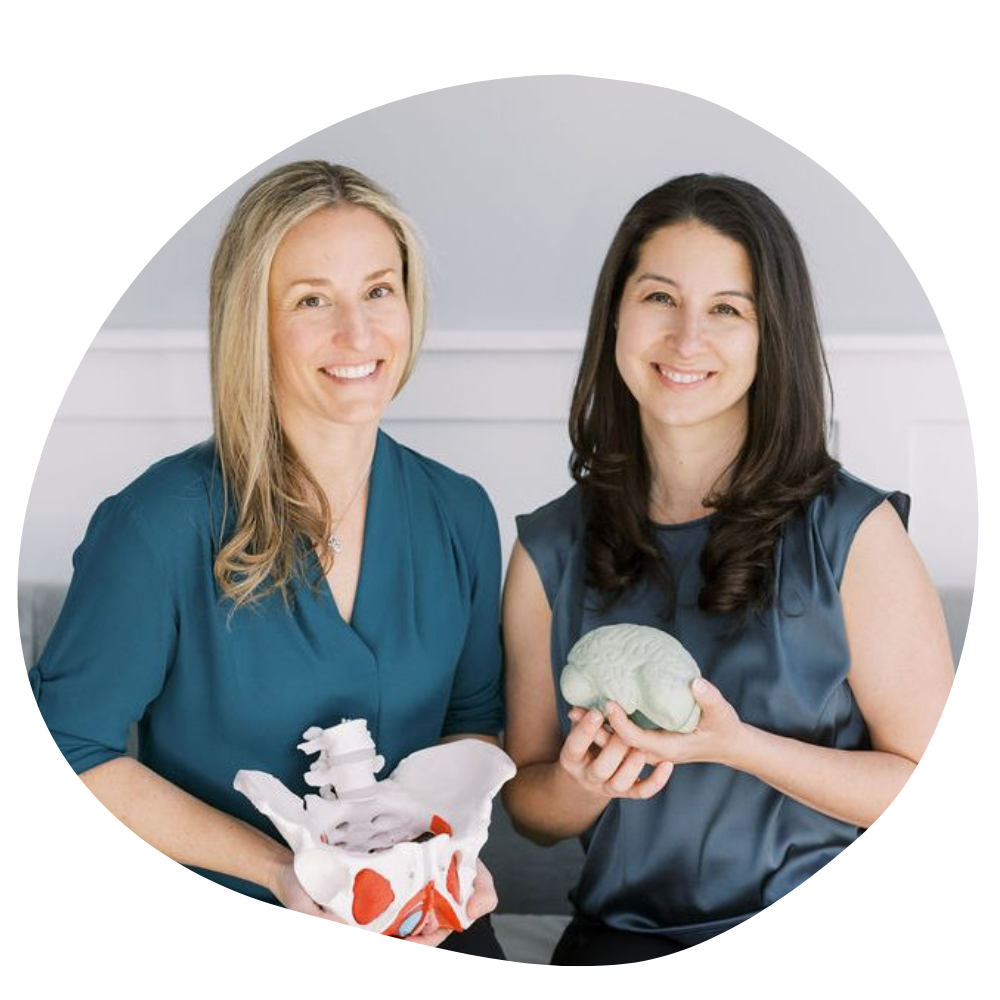 A round photo of two women, the one on the left with blonde hair that falls just past her shoulders holding a model of a pelvis, the one on the right with long dark brown hair, holding a model of a human brain