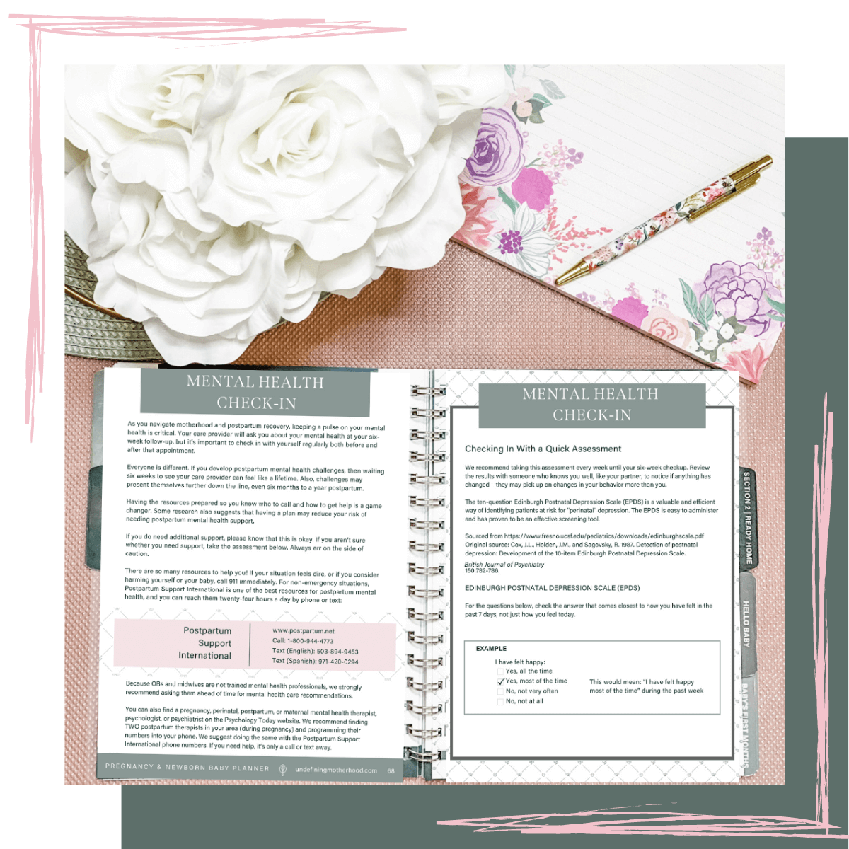 Photo of pregnancy and baby planner open to pages that talk about postpartum mental health