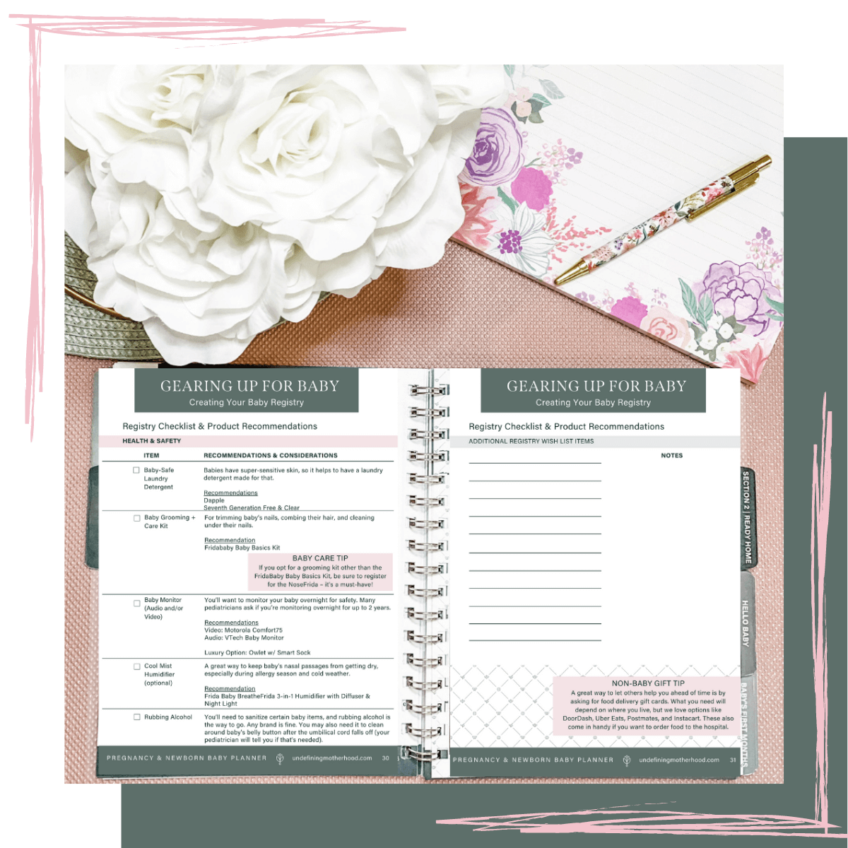 Photo of pregnancy and new baby planner opened to pages showing a baby registry checklist