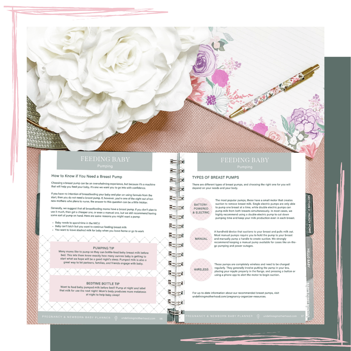 Pregnancy and baby planner open to pages that talk about infant feeding and pumping breast milk