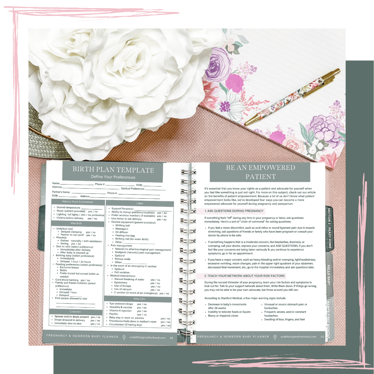 Photo of pregnancy and baby planner open to pages that show a birth plan template and information on being an empowered patient