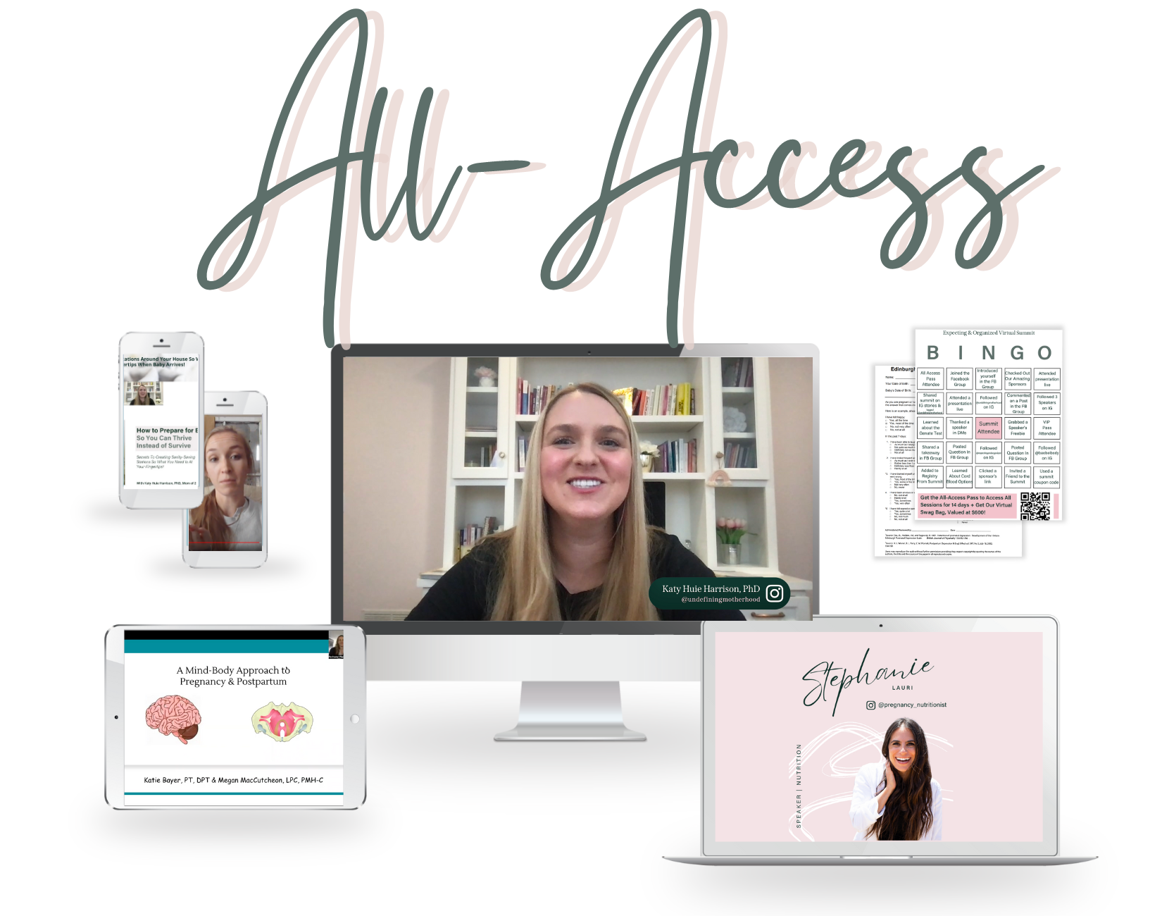 A white rectangular images that says all access in large letters at the top and has computer screens, ipads, cell phones, and pages showing things like women speaking on different screen, a bingo card, presentation slides on a screen, and worksheets