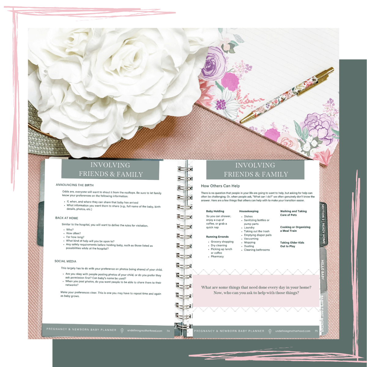 Photo of pregnancy and baby planner open to pages talking about ways to build a support system by outlining tasks that can be delegated to friends and family