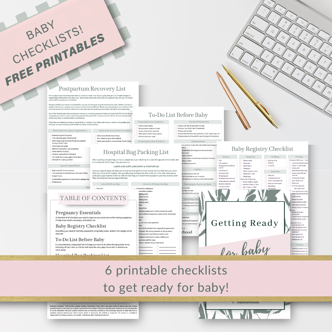Background of a keyboard with a sign at the top that says pregnancy checklist free printables that shows 5 pages of the printables included in the free bundle such as hospital bag packing list, baby registry checklist, postpartum recovery list, and more