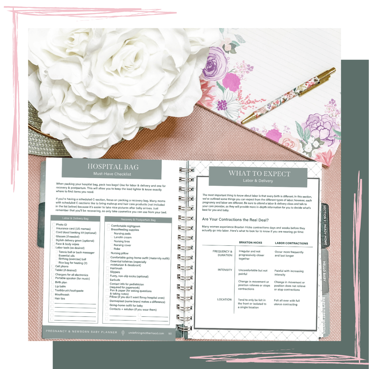 Photo of pregnancy and baby planner with pages open to a hospital bag packing checklist and a page showing what to expect in early labor