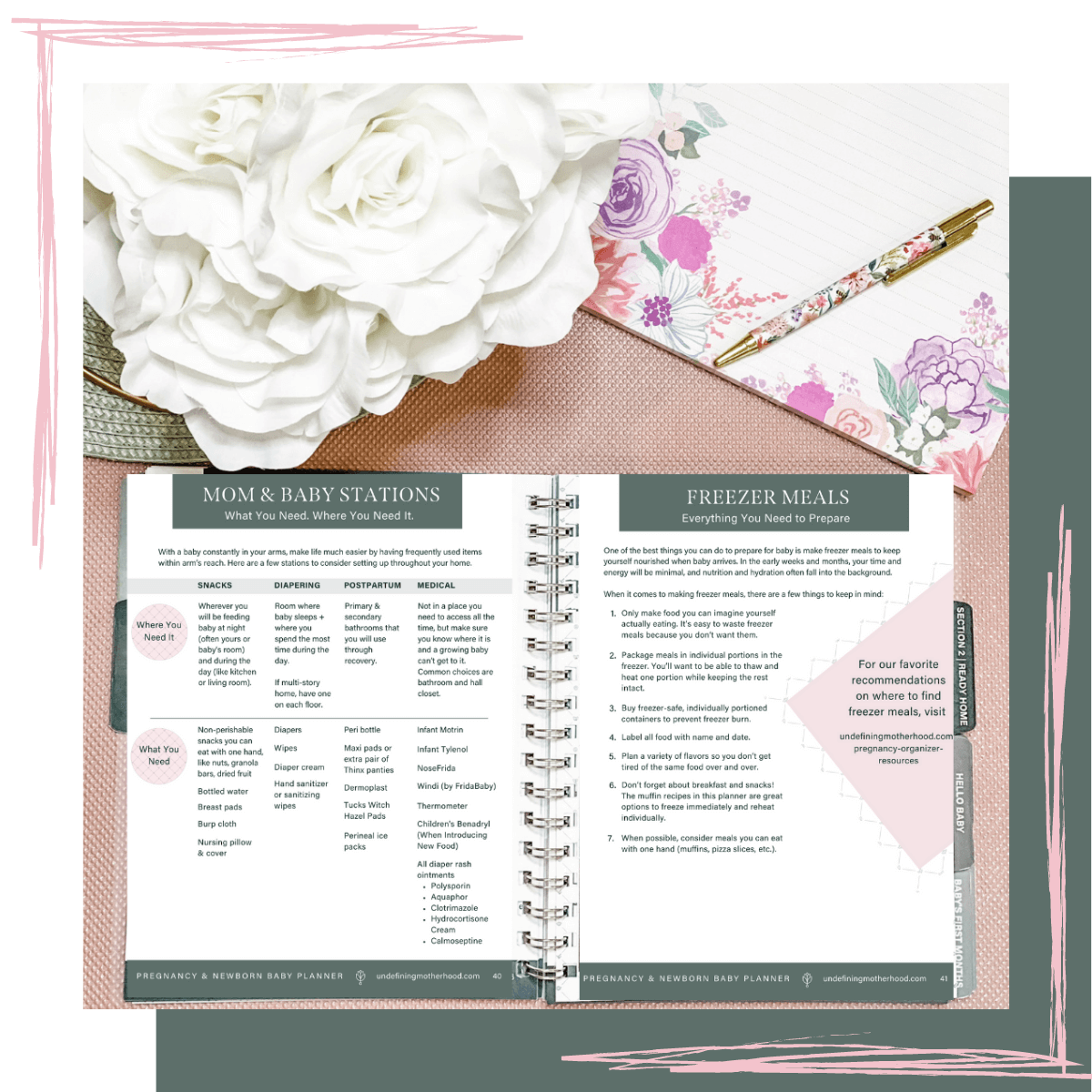 Photo of pregnancy and baby planner open to pages that talk about mom and baby stations and freezer meals to prepare